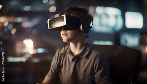 A kid uses vr headset on modern gaming center. Augmented reality concept. © paulmalaianu