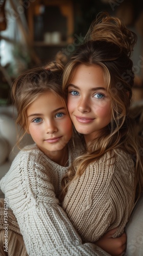 Two girls with blue eyes and blonde hair are embracing, wearing cozy sweaters, sharing a moment
