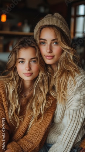 Two women with wavy blonde hair wearing sweaters and a beanie pose closely in a cozy interior © TheGoldTiger