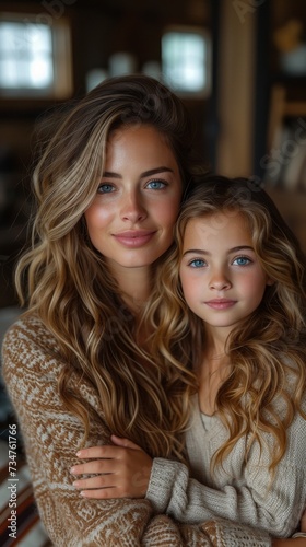 Two females with wavy blonde hair and blue eyes wearing sweaters are posing closely for a photo © TheGoldTiger