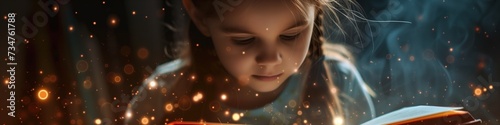 the luminous joy of reading, a child enveloped in a fairytale, wolrd book day banner concept photo