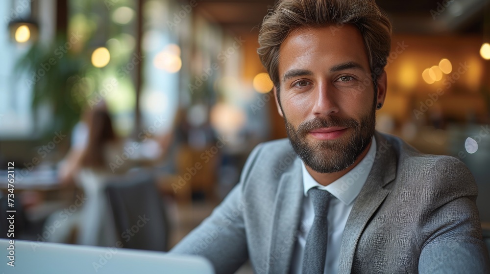 A confident man in a gray suit is sitting in a busy cafe with a laptop, generative ai