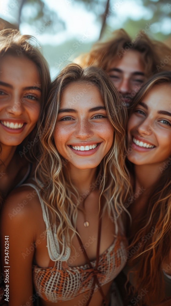 Three joyful individuals with sun-kissed skin are closely posing together, exuding happiness and carefree summer vibes, generative ai Three joyful individuals with sun-kissed skin are closely posing together, exuding happiness and carefree summer vibes, generative ai