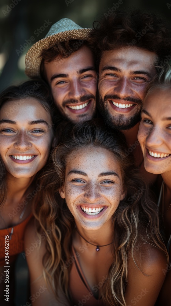 Group of five joyful young adults with bright smiles, huddled closely, enjoying a sunny day outdoors, generative ai Group of five joyful young adults with bright smiles, huddled closely, enjoying a sunny day outdoors, generative ai