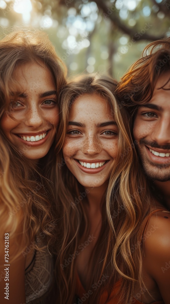 Three smiling friends with sunlit hair taking a close-up selfie in a warm, tree-filled ambiance, generative ai Three smiling friends with sunlit hair taking a close-up selfie in a warm, tree-filled ambiance, generative ai