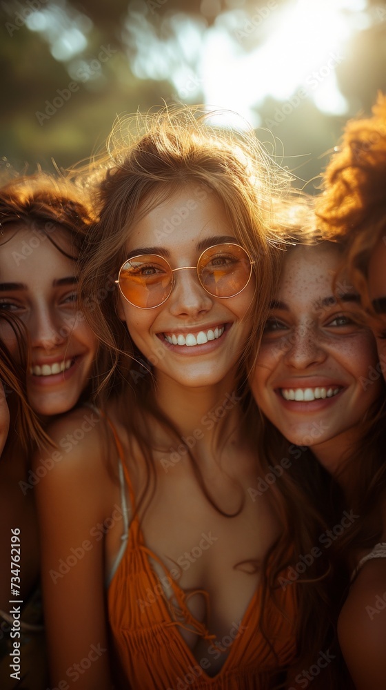 Three happy young individuals close together, smiling, wearing summer attire, with one wearing orange-tinted round sunglasses, generative ai