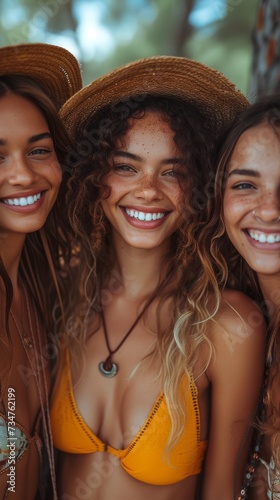 Three smiling women with hats, standing close together, one wearing an orange bikini top, summery vibe, generative ai © TheGoldTiger