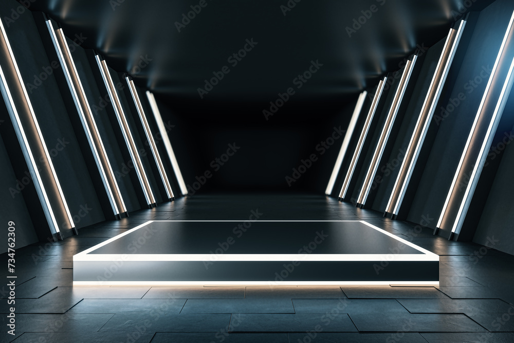 Fototapeta premium Modern spacious dark tunnel interior with pedestal and mock up place. 3D Rendering.