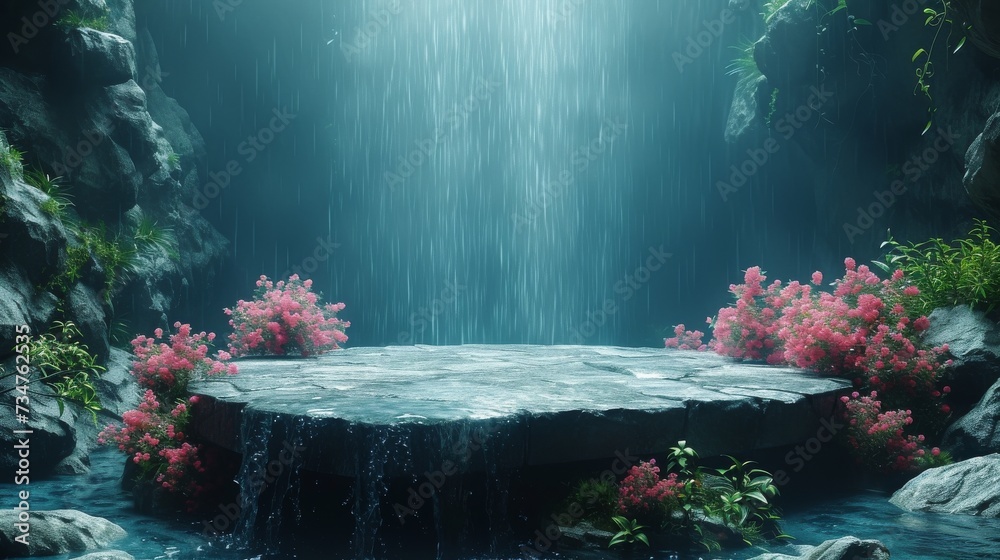 A serene waterfall cascades onto a rocky ledge surrounded by lush pink flowers and misty ambiance, generative ai - obrazy, fototapety, plakaty 