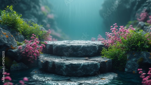 Stepping stones lead across tranquil water amidst lush, flowering shrubs under a serene, ethereal light, generative ai
