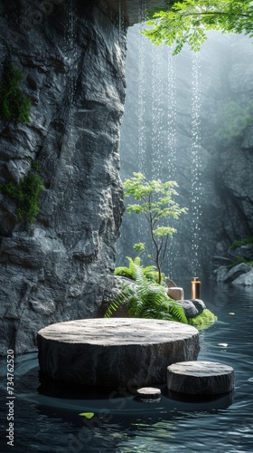 A serene natural scene with cascading waterfalls, lush greenery, rocks, and a tranquil meditation spot, generative ai
