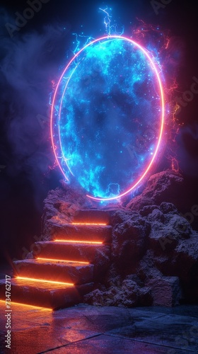A glowing, electrified portal with radiant blue light atop rocky stairs, shrouded in atmospheric mist, generative ai