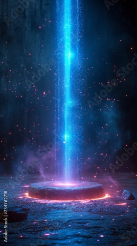 A dazzling blue energy beam emits from a circular platform amidst glowing embers and dark surroundings, generative ai