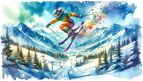 A watercolor painting captures a skier mid-jump against a majestic mountain backdrop  with vibrant splashes of color highlighting the motion and energy of the scene.Sport concept.AI generated.
