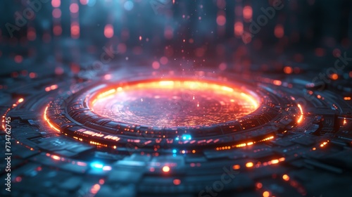 A futuristic, illuminated circular platform with glowing orange core, surrounded by intricate patterns, suggesting advanced technology, generative ai