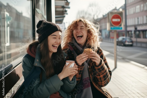 two friends laugh, sharing snack on bus stop bench