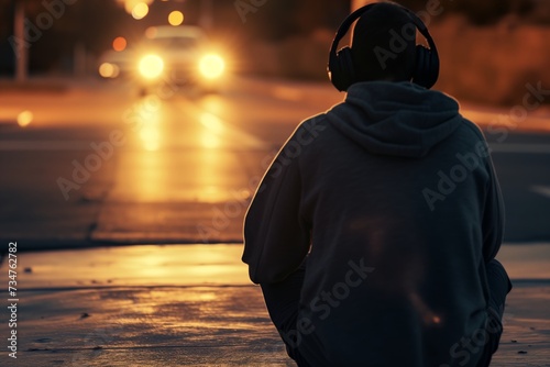 guy with headphones, waiting as a cars headlights briefly light up the scene