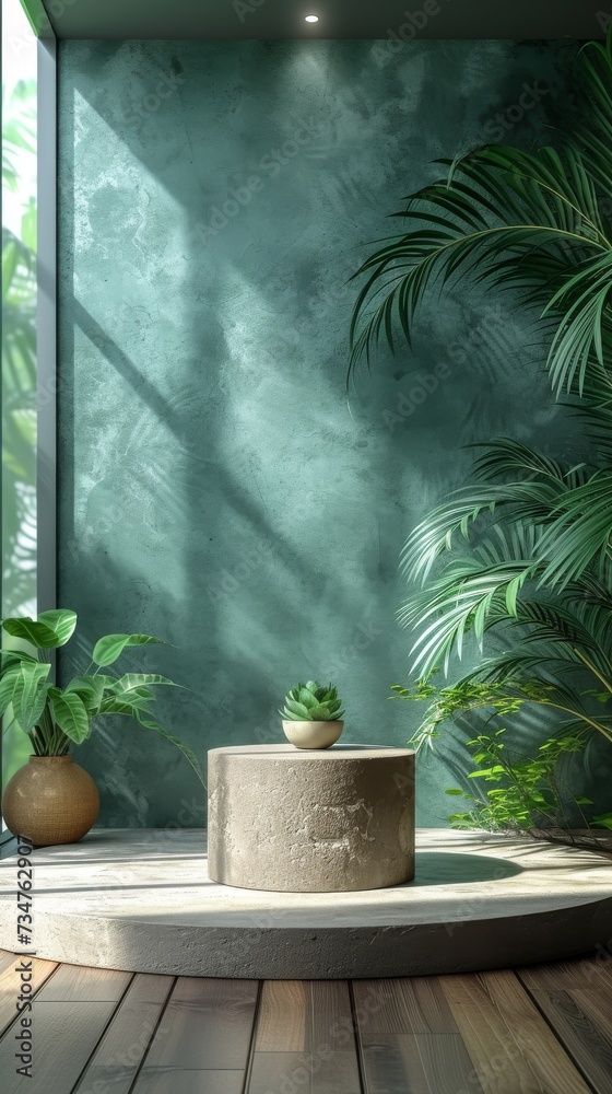 The image shows a peaceful indoor setting with plants, a concrete stool, and soothing natural light, generative ai