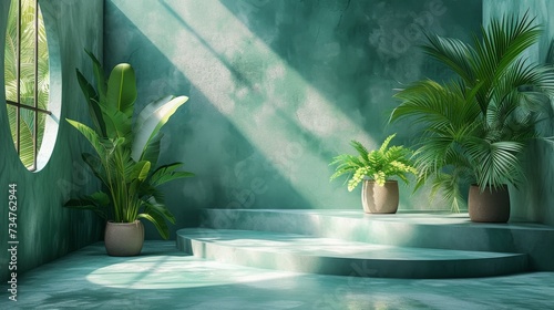 A serene, green-hued room with potted plants, sunlight casting shadows, and a curved architectural platform, generative ai © TheGoldTiger