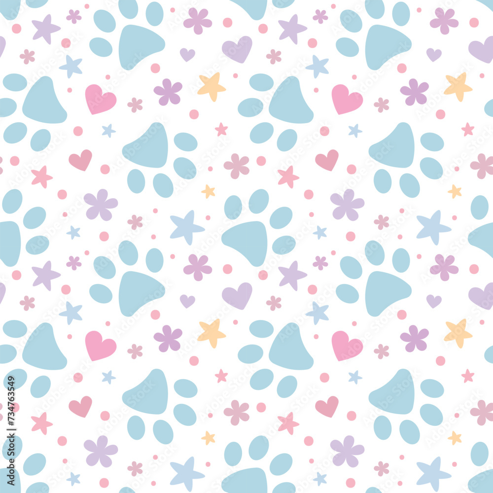 Fototapeta premium Adorable colorful paw print pattern for pets, vector background with stars and hearts