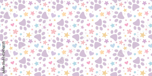 Cute paw vector pattern for pets with hearts and stars, adorable pastel background for cats or dogs