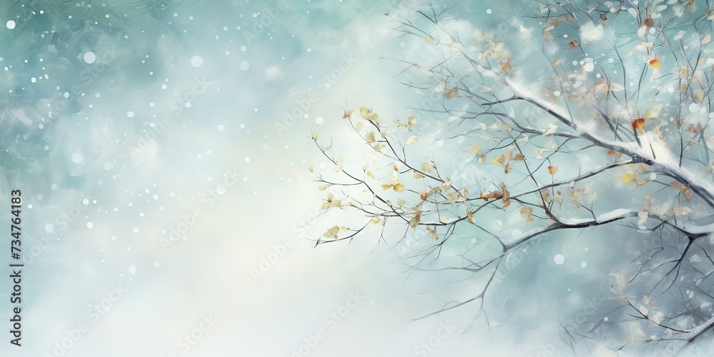 Winter nature background Frozen branch with leaves