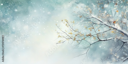 Winter nature background Frozen branch with leaves