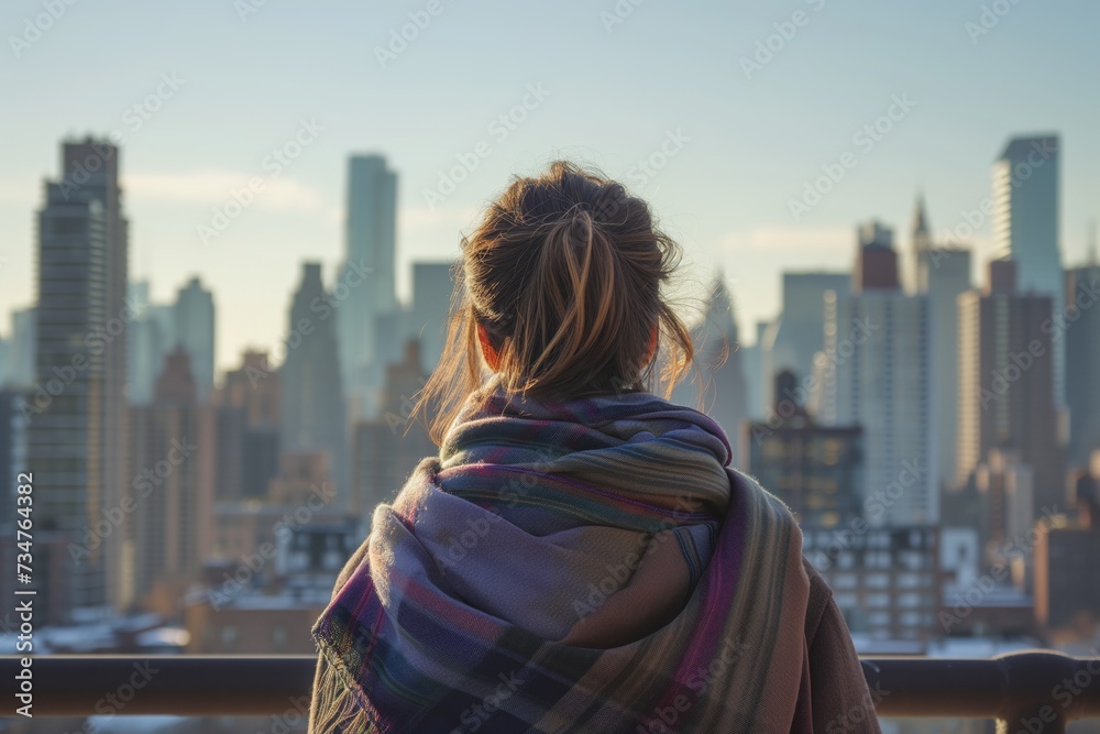 rear view of a woman with a scarf, looking at a city skyline