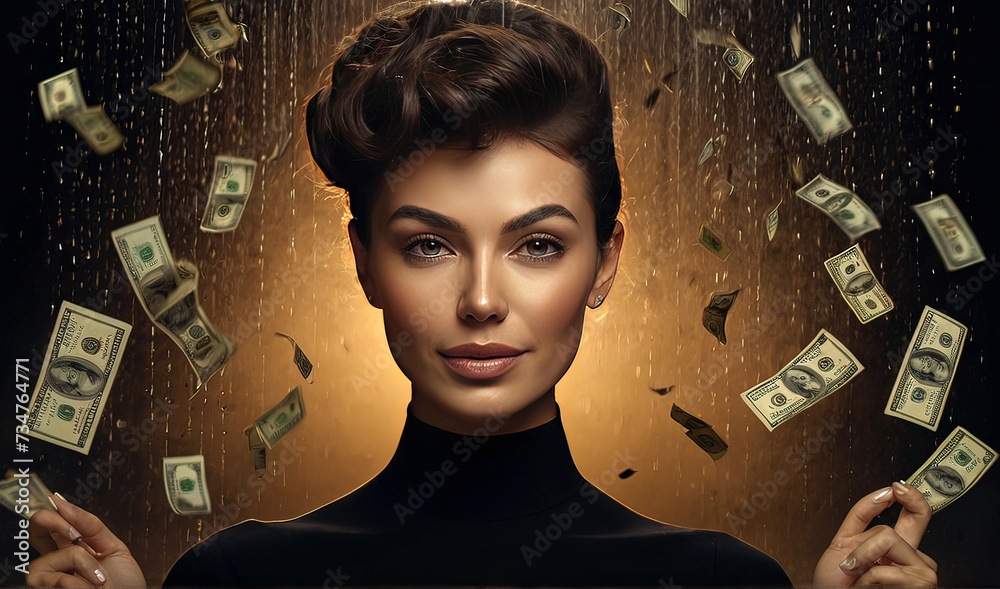 Successful luxury chic rich  woman with flying dollar banknotes and gold Old money Portrait of successful woman standing under shower from money having a lot of money in hands - obrazy, fototapety, plakaty 