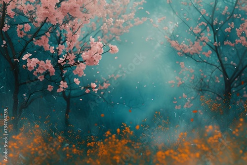 Enchanted forest scenery with blooming trees and misty ambience  perfect for wallpapers and backgrounds. dreamy nature landscape for design inspirations. AI