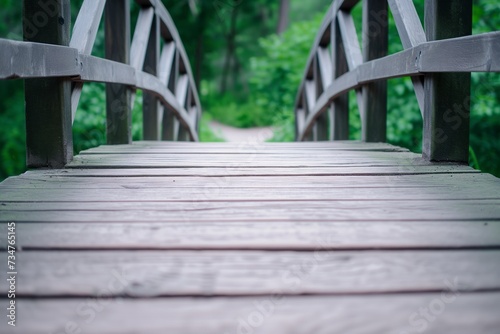 Photo focus on wooden footbridge with soft greenery in the distance