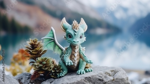 Cute green dragon in the chinese mountains fantasy christmas design with free copy space