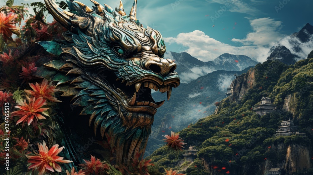 Obraz premium Cute green dragon in the chinese mountains christmas fantasy design with free copy space