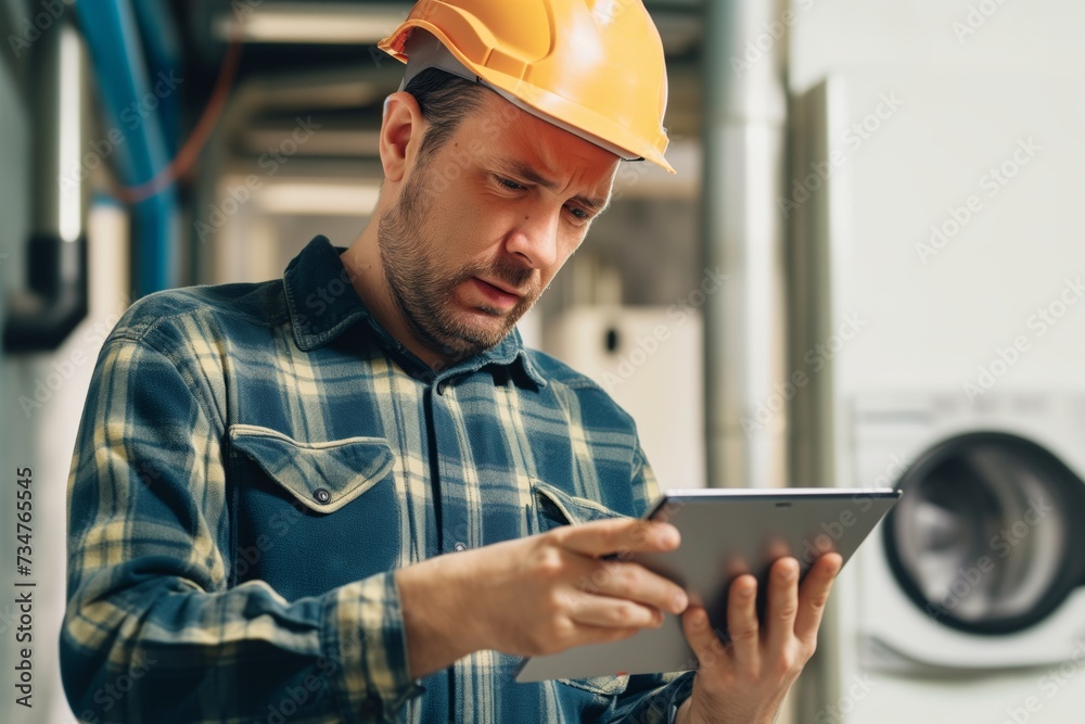 sweating engineer reading worriedly from tablet sweating engineer reading worriedly from tablet