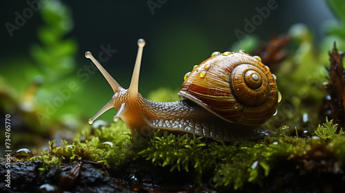 Snail lives in the rain forest, Close-up, Macro picture of a snail, mollusk, escargot, gastropod, slug climbing on beautiful green Moss in the rain forest, wildlife in nature and environmental concept