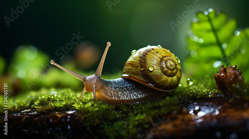 Snail lives in the rain forest, Close up, Macro image of a snail, mollusk, escargot, gastropod, slug climbing on beautiful green Moss in the rain forest, wildlife in nature and environmental concept photo