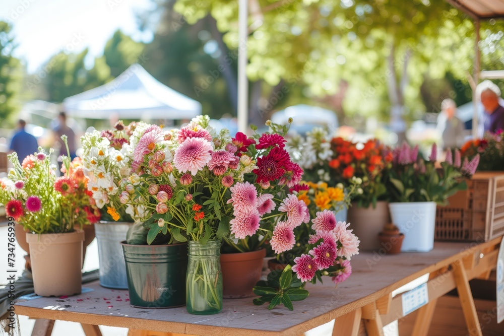 table at an outdoor farmers market with blooms