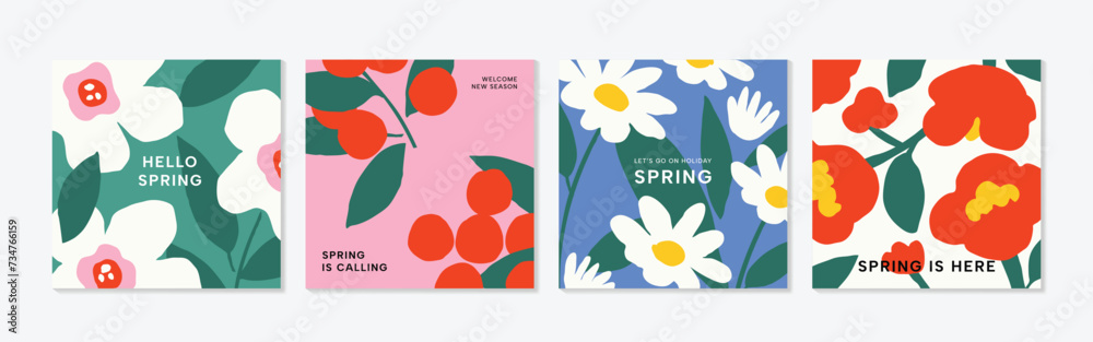 Spring season floral square cover vector. Set of banner design with flowers, leaves, branch. Colorful blossom background for social media post, website, business, ads.  - obrazy, fototapety, plakaty 