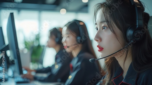 Asian young woman call center operator wearing headphones with a microphone photo
