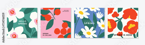 Spring season floral square cover vector. Set of banner design with flowers, leaves, branch. Colorful blossom background for social media post, website, business, ads.  photo