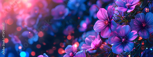 Banner with night flowers illuminated by blue light on the dark background with circle bokeh. Magic night flower concept. photo