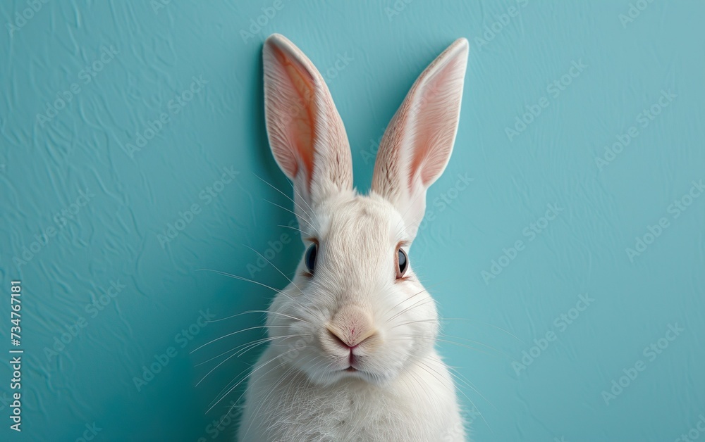 White rabbit ear on pastel blue background. Easter rabbit