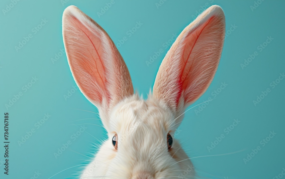 Obraz premium White rabbit ear on pastel blue background. Easter rabbit