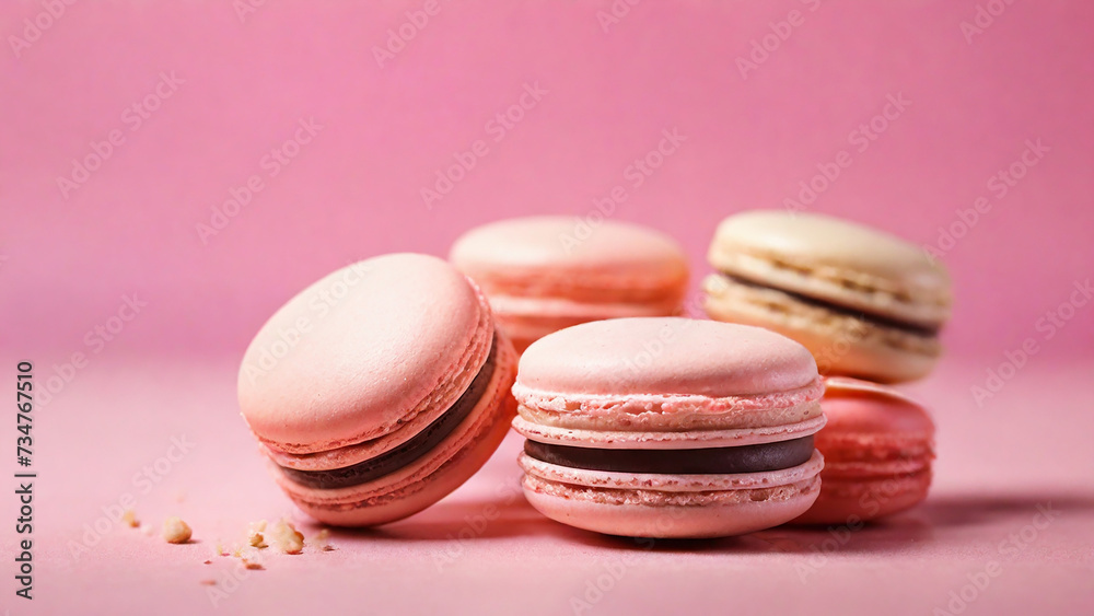 Fototapeta premium Colorful macaroons on pink background, close-up.