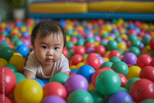 little one crawling in a ball pit
