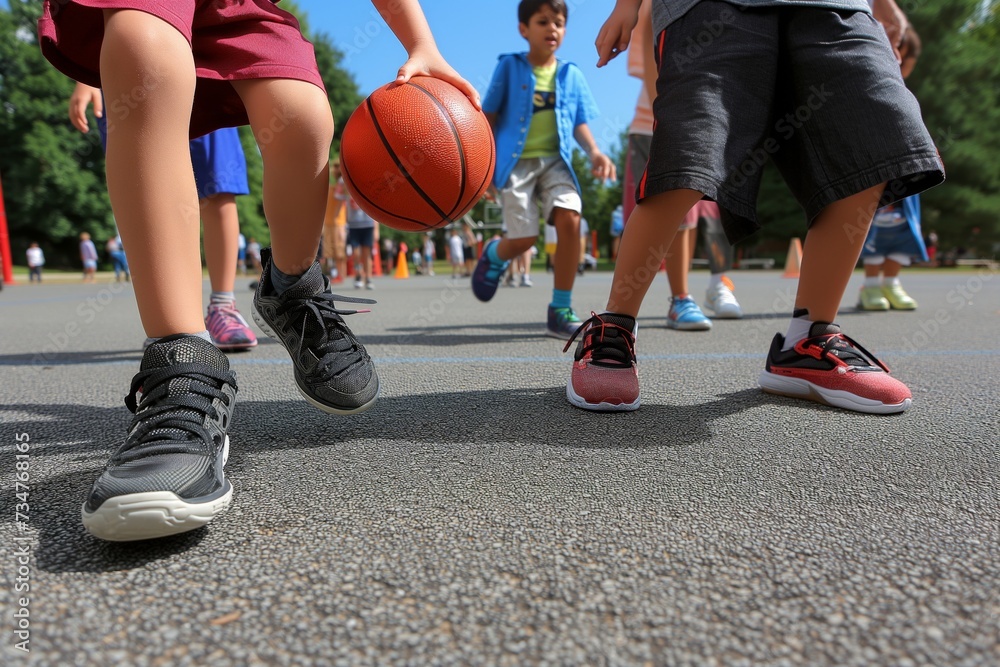 children wearing sneakers dribbling on asphalt children wearing sneakers dribbling on asphalt