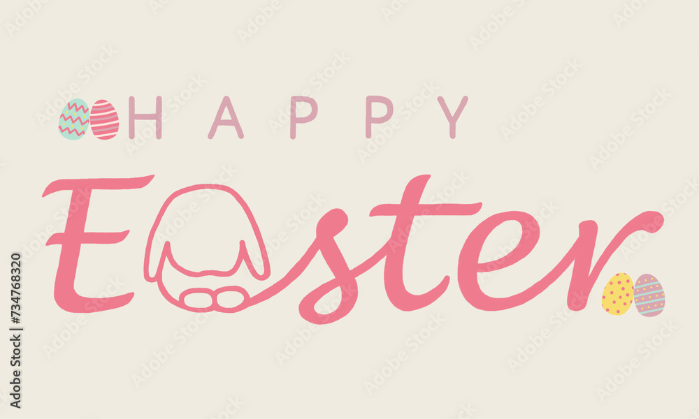 Happy Easter greeting card in handwriting with rabbit shape and Easter eggs on white background. invitation pastel pink