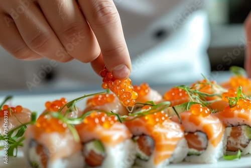 closeup of chef garnishing sushi with caviar