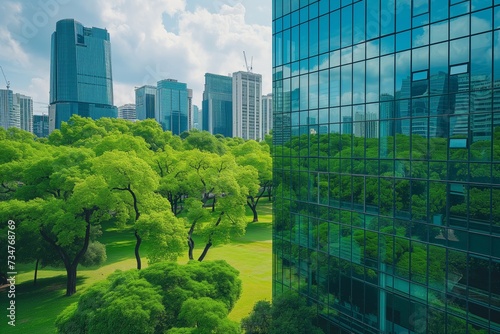 green park and trees contrasted on a modern glass building