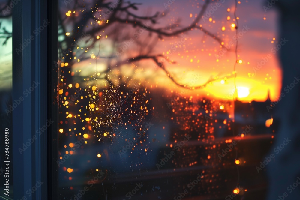 Fototapeta premium sunset colors mixing with interior lights on glass reflection